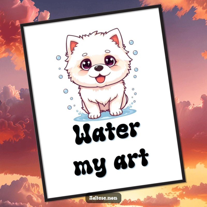 Funny dog poster showing a fluffy white dog mid-shake, water droplets flying, capturing a moment of pure, wet, comedic joy.