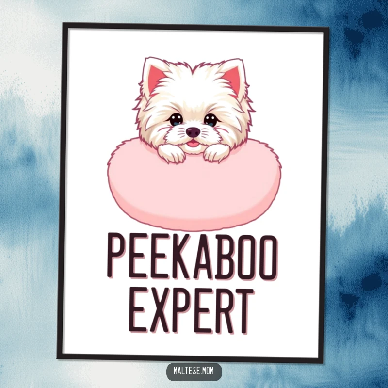 Funny Maltese Lady Poster: A Maltese dog peeking from a fluffy pink cushion, perfect for cute and funny wall art.