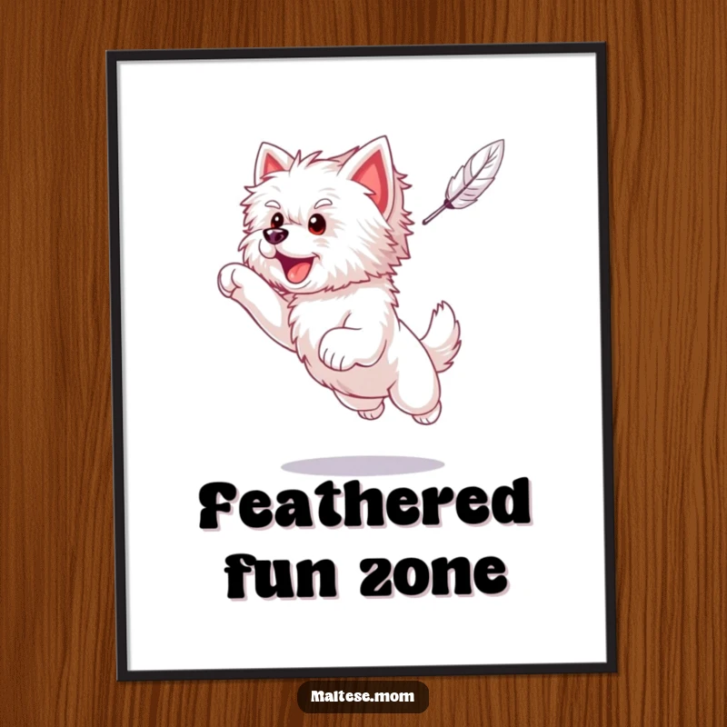 Funny Maltese puppy captured mid-air in an excited leap, reaching for a feather, perfect for playful wall art.