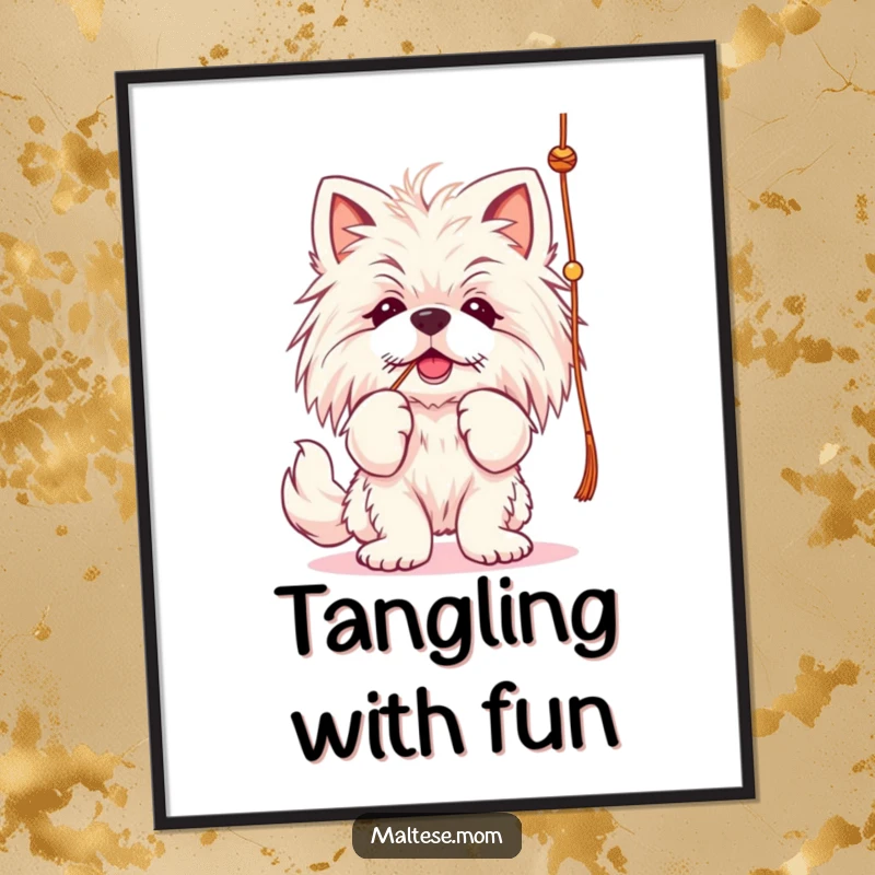 Funny Maltese lady dog poster art, batting at a string, focus and playfulness.