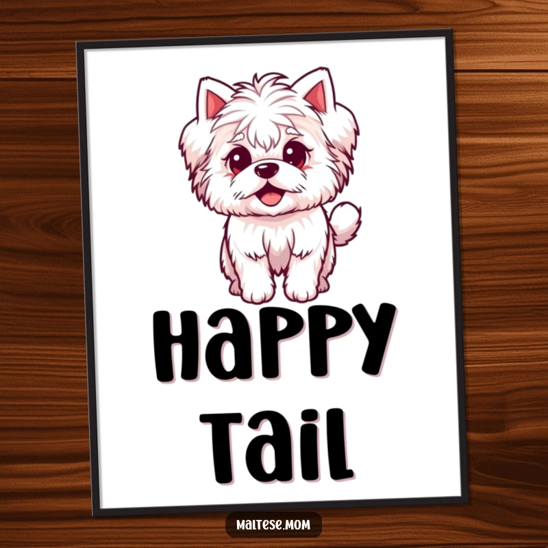 Funny Poster showcasing a small, fluffy Maltese dog character with an excited, wagging tail, perfect for adding cheer to any space.