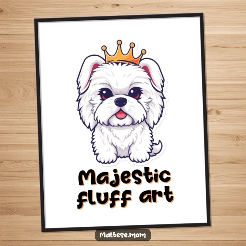 Funny poster of a fluffy Maltese dog wearing a miniature crown, looking stately and regal, adding a touch of humor to decor.