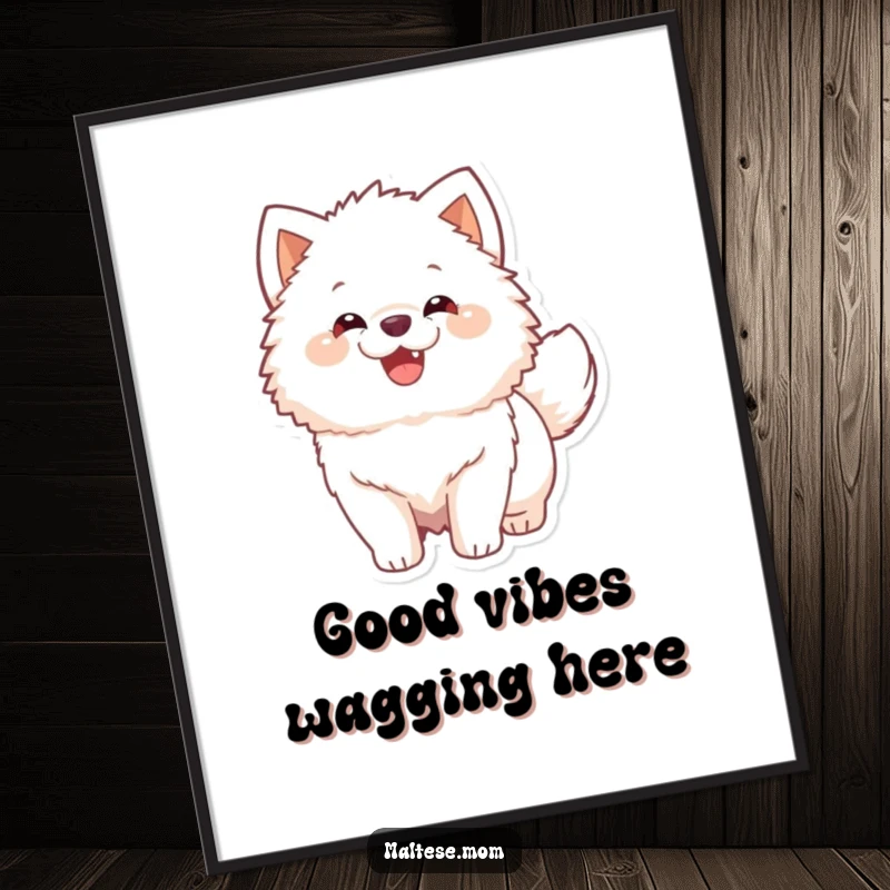 Funny Poster of a fluffy white dog with an ecstatic tail wag, a piece of art capturing pure canine happiness.