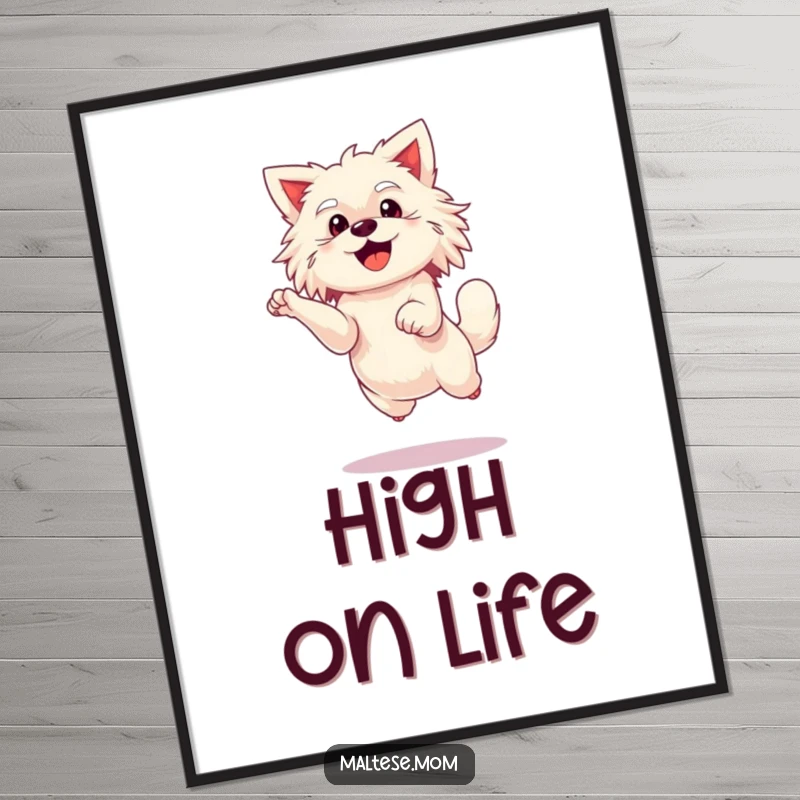 Funny Maltese lady dog poster art, performing an enthusiastic leap, full of energy and joy.