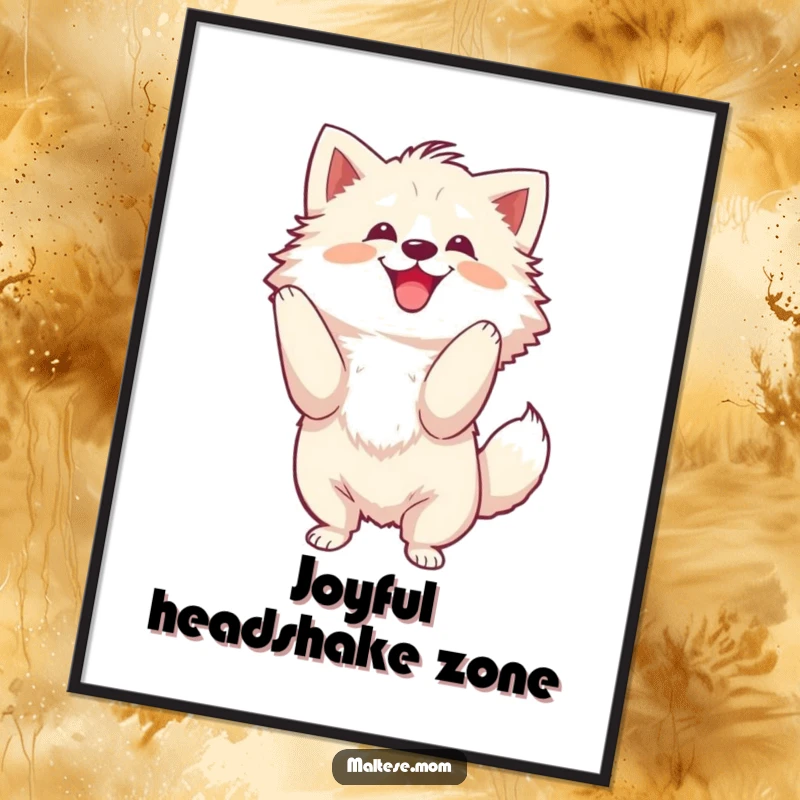 Funny Poster of a fluffy dog performing an energetic and joyful head shake, capturing pure canine exuberance.