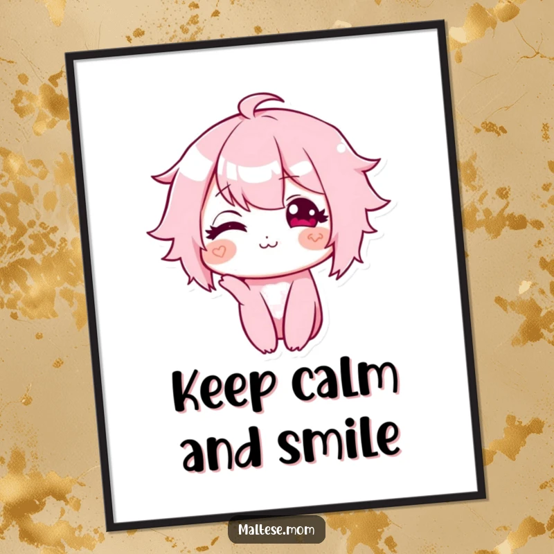 Funny poster displaying a cute character with a tiny, sweet smile and a slight head tilt, adding a touch of adorable charm to any wall.