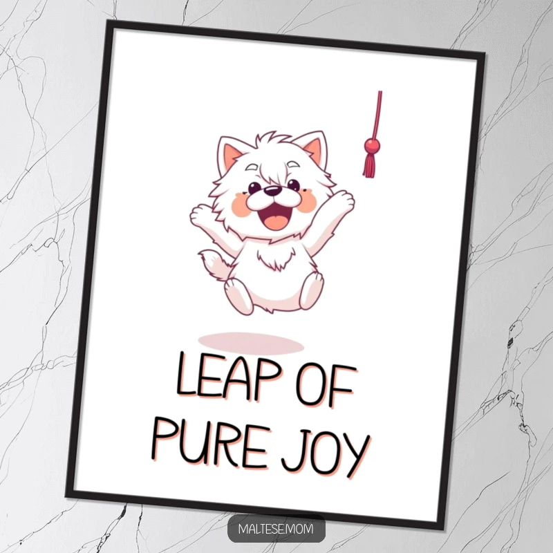 Funny Maltese poster art of an excited Maltese dog in mid-leap, focused intently on catching a dangling string, full of playful motion.