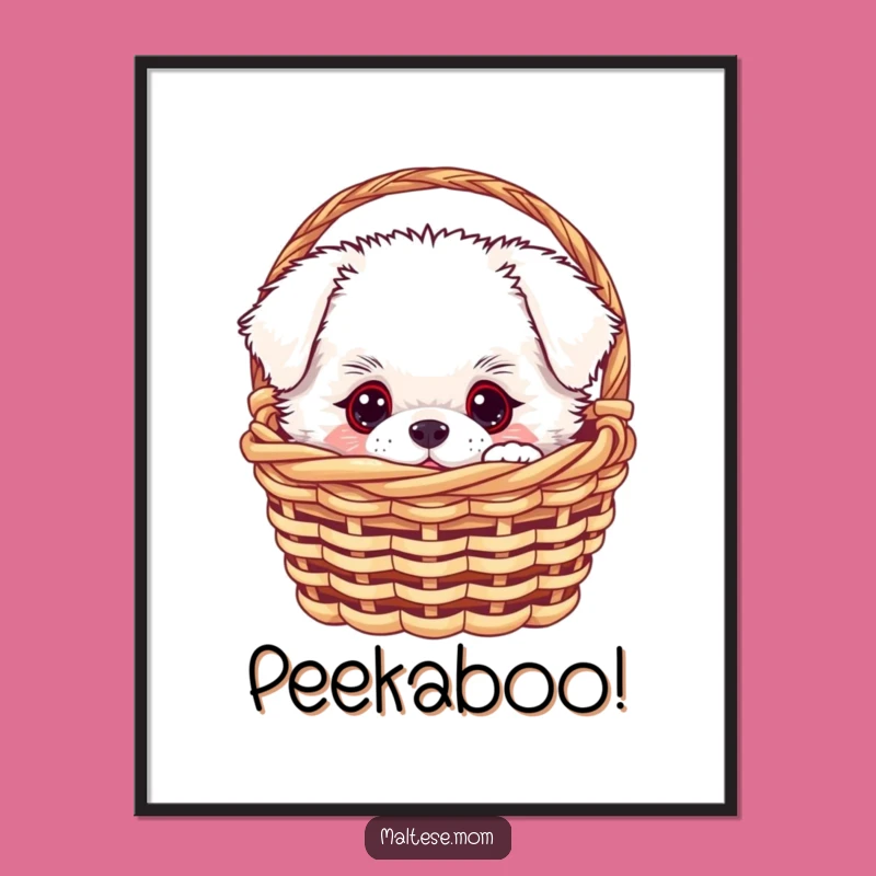Funny White Fluffy Dog Poster - Curious Pup in Basket Art, Hilarious Wall Decor