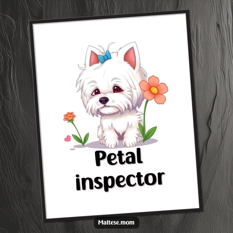 Funny Maltese Lady Poster: A cute Maltese dog character curiously sniffing a bright flower, perfect for funny wall art.