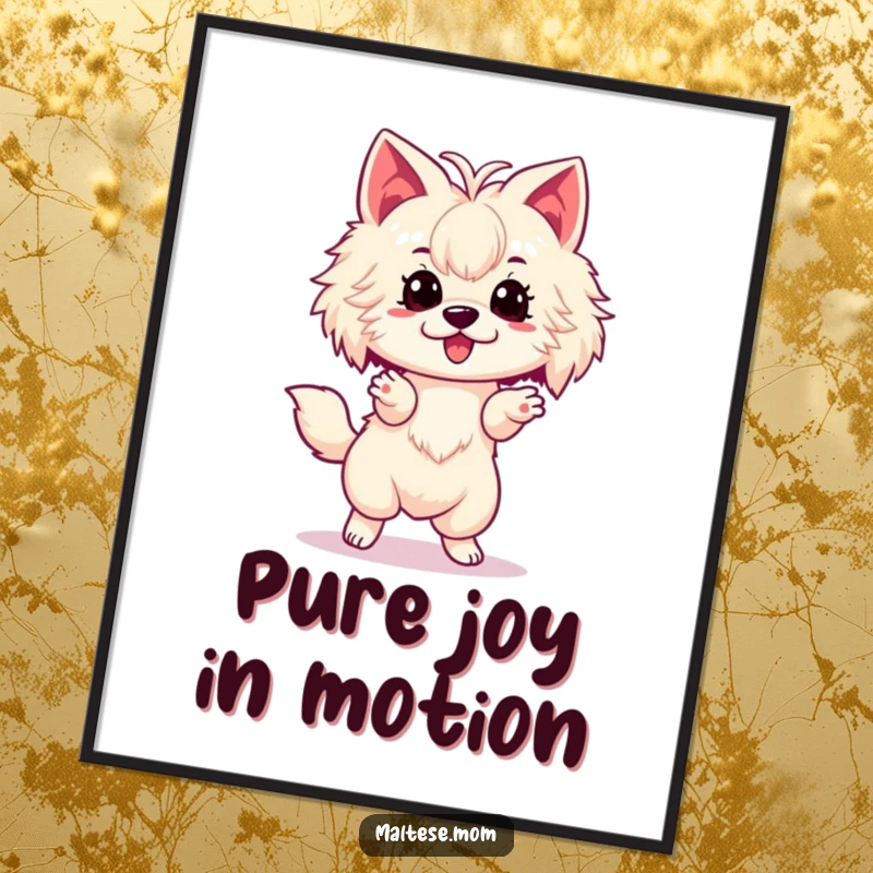 Funny Maltese Poster featuring a detailed illustration of a lady dog doing an excited spin, perfect for adding humor to wall decor.