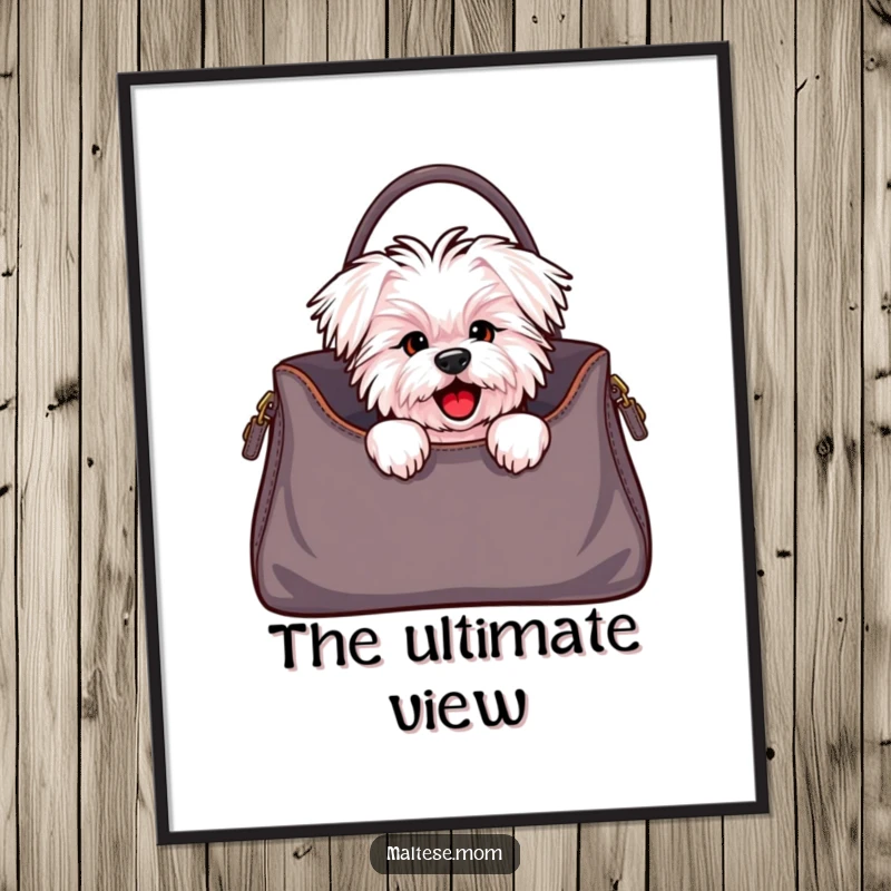 Funny Maltese dog poster displaying a cute character peeking from a stylish handbag, adding a humorous and fashionable artistic touch.