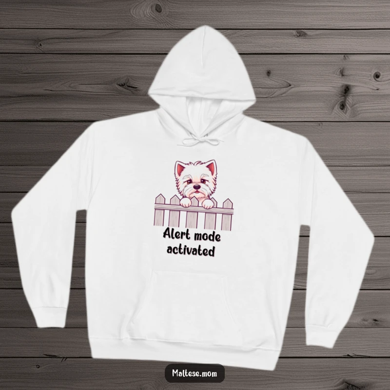 Funny Kawaii Maltese hoodie depicting an adorable puppy peeking over a fence, full of eager excitement and sweet charm.
