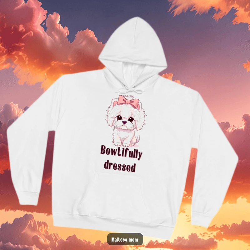 Funny Maltese lady dog hoodie with a cute bow, looking cozy and stylish, perfect gift.