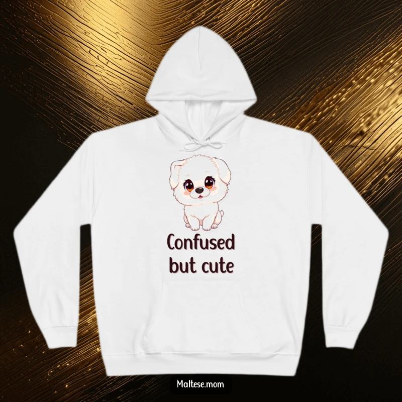 Funny hoodie featuring a fluffy white dog with large, innocent eyes, tilting its head, perfect for cozy comfort.