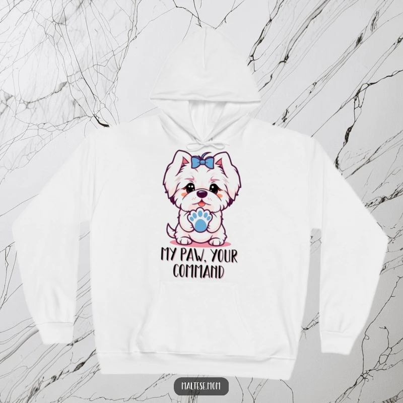 Funny hoodie with a Maltese dog character offering a paw with a charming look, perfect for cozy, friendly wear.