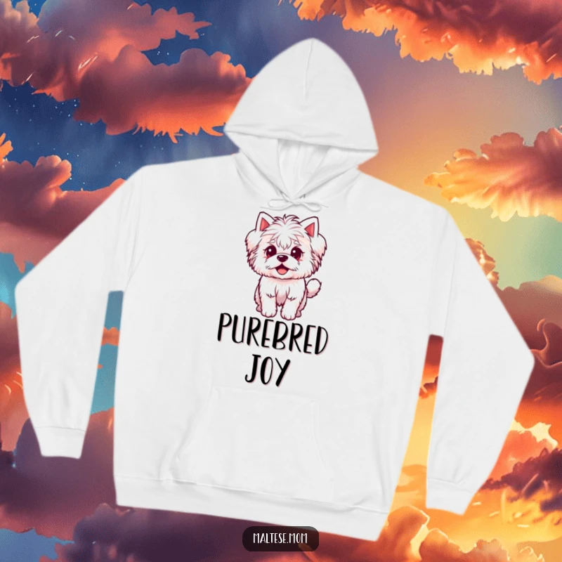 Funny Hoodie depicting a small, fluffy Maltese dog character with an excited wagging tail, perfect for cozying up with your pup.