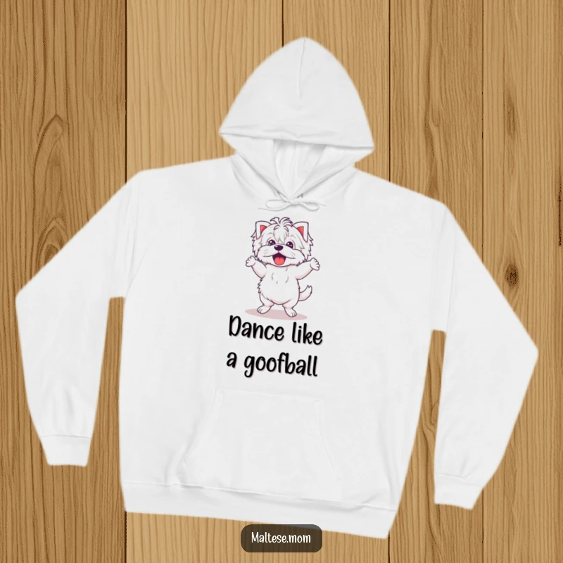 Funny Kawaii Maltese hoodie depicting a cute puppy dancing with endearingly wobbly legs, bringing cozy fun and playful vibes.