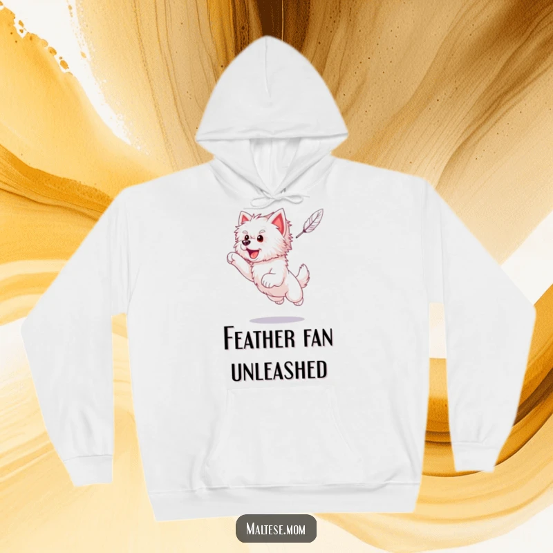 Funny Maltese puppy caught in a dynamic leap, eyes locked on a feather, printed on a warm and cozy hoodie.
