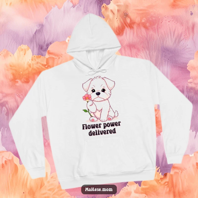 Funny Maltese puppy sitting with paws up, offering a flower, printed on a soft and cozy hoodie for warmth.