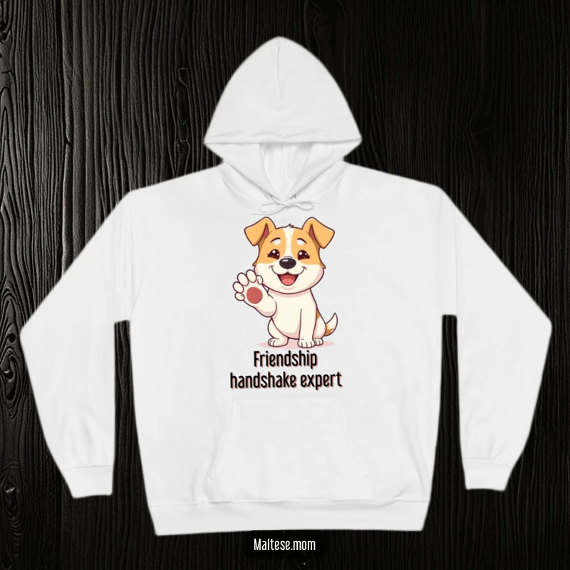 Funny Hoodie: A dog offers its paw for a handshake with a wide, happy grin, symbolizing warmth and camaraderie.