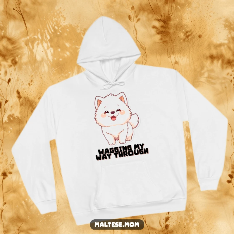 Funny Hoodie portraying a fluffy white dog's ecstatic tail wag, bringing warmth and humor to any outfit.
