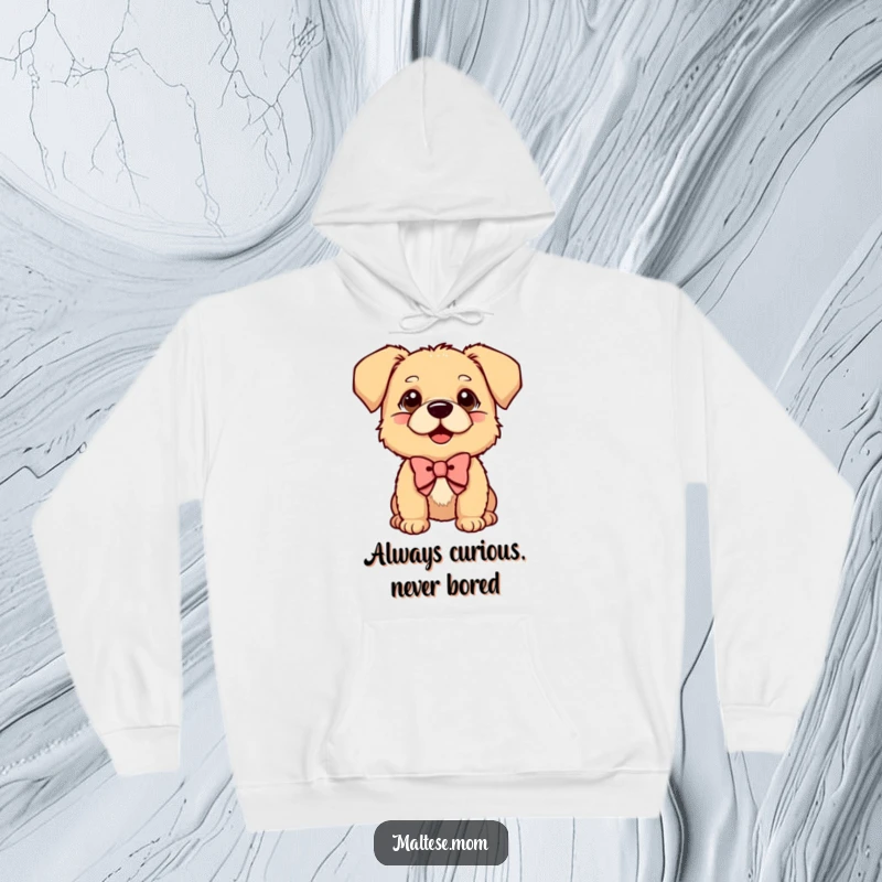 Funny Hoodie with a small dog sporting a bow and a curious, playful head tilt, perfect for cozy days.