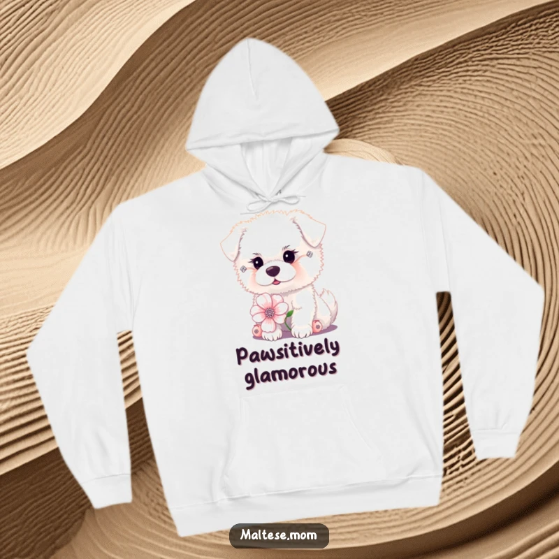 Funny tiny fluffy white dog with diamond earrings posing with a flower on a hoodie. Cozy glamour pet wear, perfect funny gift.