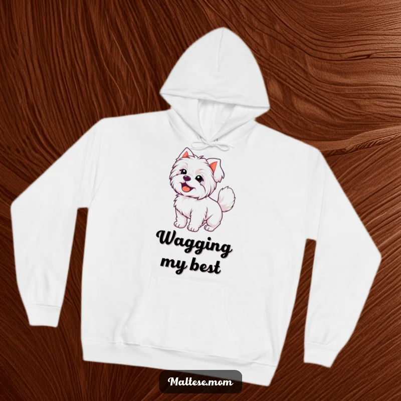 Funny Kawaii Maltese dog with a joyful expression and wagging tail, cozy and humorous hoodie design.
