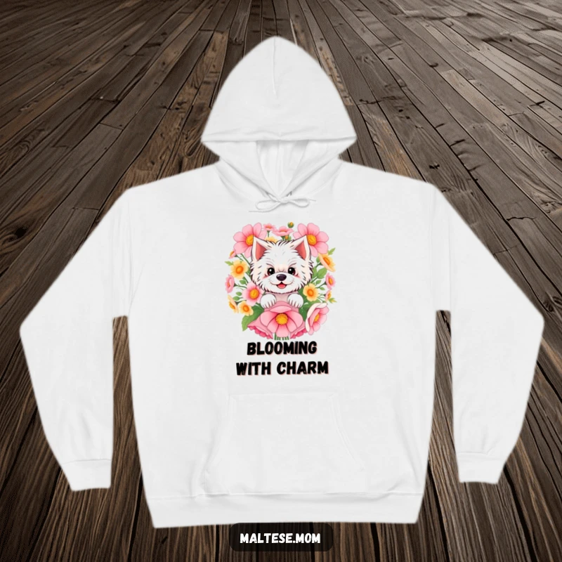 Funny Maltese hoodie with a smiling Maltese dog subtly peeking from behind a generous bouquet of colorful flowers, adding a touch of mystery.