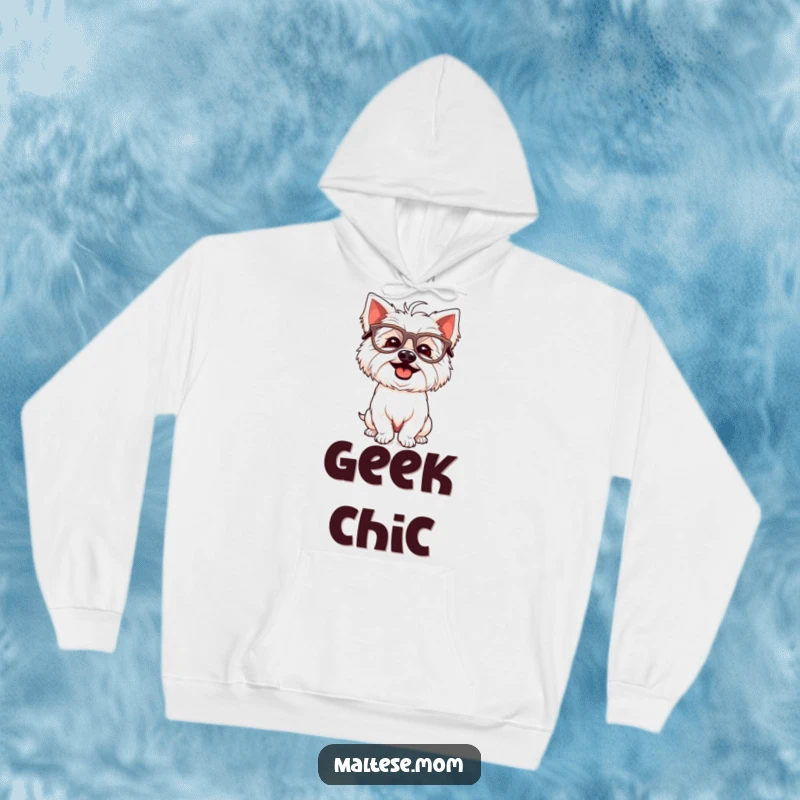 Funny Maltese dog hoodie with a giggling white dog wearing oversized glasses and striking a delightfully silly pose.