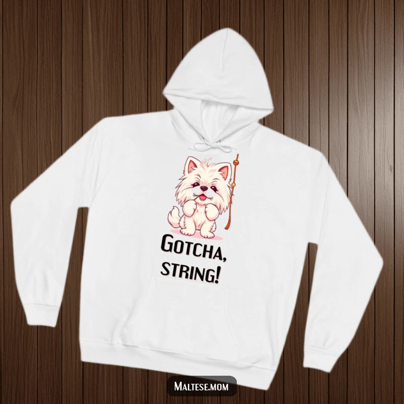 Funny Maltese lady dog hoodie, batting at a string, cozy and fun.