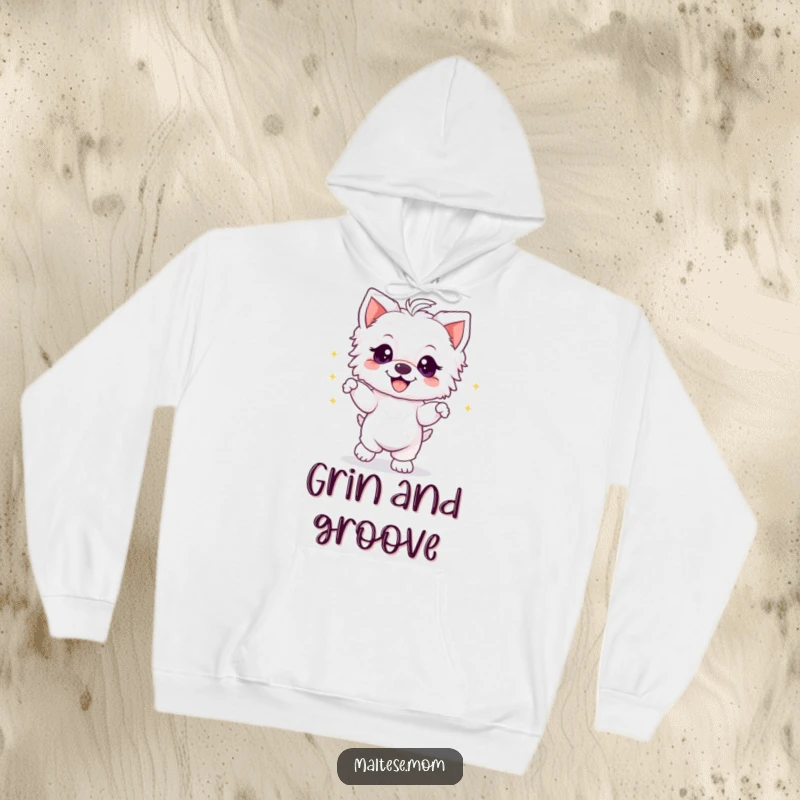 Funny Maltese puppy dancing with sparkly eyes and a huge grin, printed on a warm and cozy hoodie.