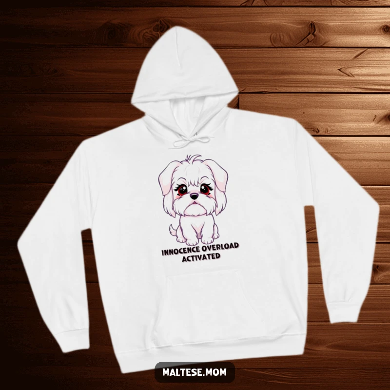 Funny hoodie with a Maltese dog character giving a sweet, innocent blink, perfect for staying warm and stylish.