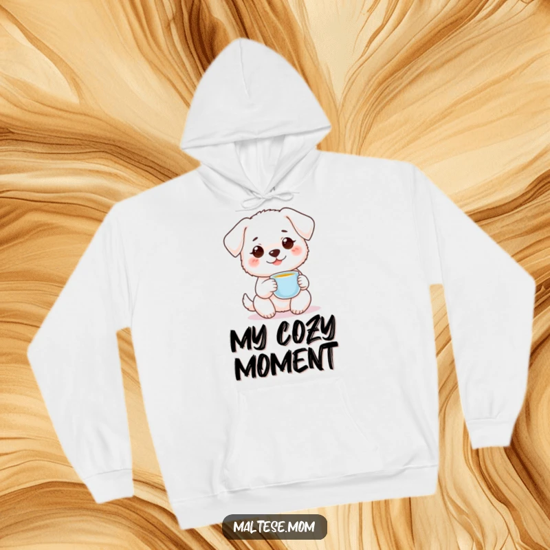 Funny small white dog with sweet smile holding tiny teacup on hoodie. Cozy sweet pet wear, perfect funny gift.