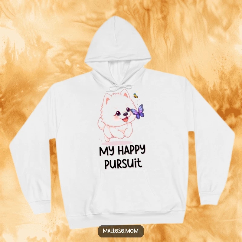 Funny fluffy white dog with playful glint chasing shimmering butterfly on hoodie. Cozy playful pet wear, perfect funny gift.