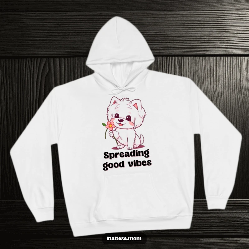 Funny Maltese Dog Hoodie: Cute dog offering a flower with a sweet smile, providing cozy comfort and heartwarming humor.