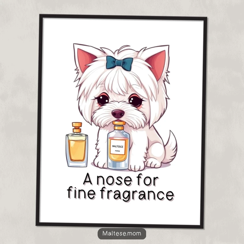 Funny Free Printable Maltese Wall Art showing a dog character delicately sniffing a small, elegant perfume bottle with a refined air.
