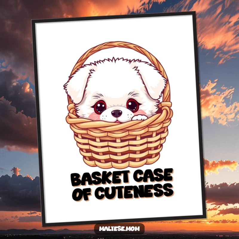 Funny Free Printable Wall Art: White fluffy dog with big curious eyes peeking from a miniature basket, creating a whimsical, charming decor piece.