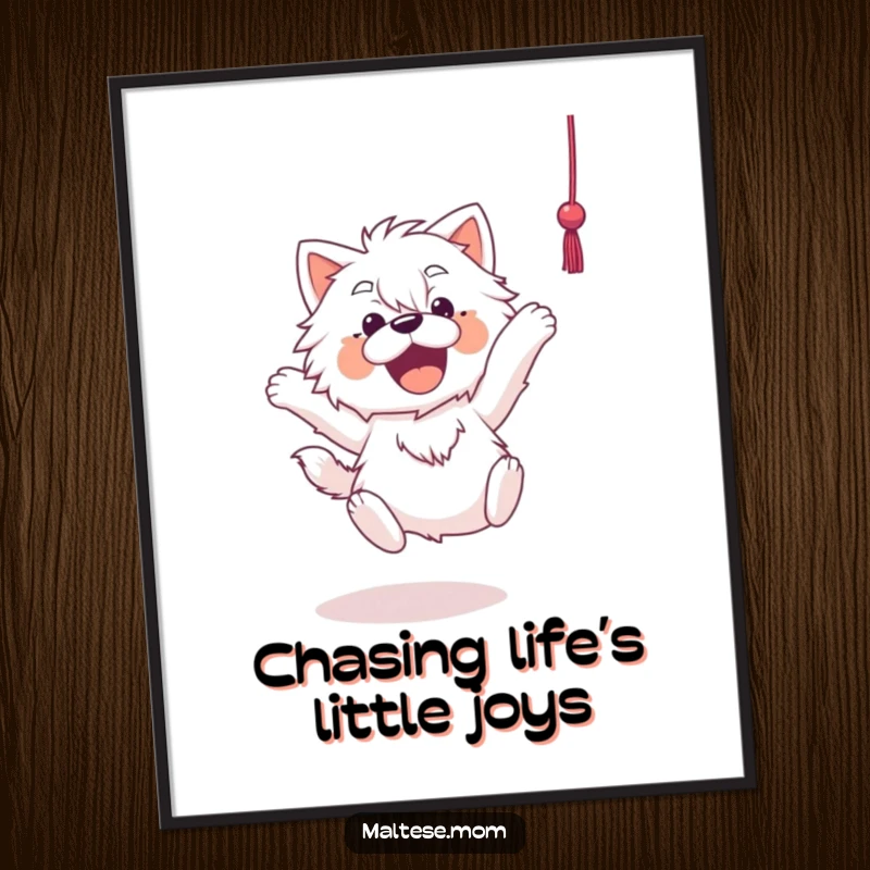 Funny Free Printable Wall Art: Maltese dog mid-leap, joyfully chasing a dangling string, full of playful motion.