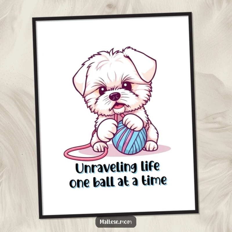 Funny Free Printable Wall Art: Adorable Maltese puppy engrossed in playfully tugging a colorful yarn ball, creating a whimsical scene.
