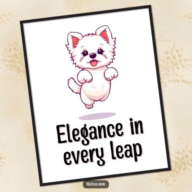 Funny Free Printable Maltese Wall Art depicting a dog character in a small, elegant, mid-air jump, radiating happiness.