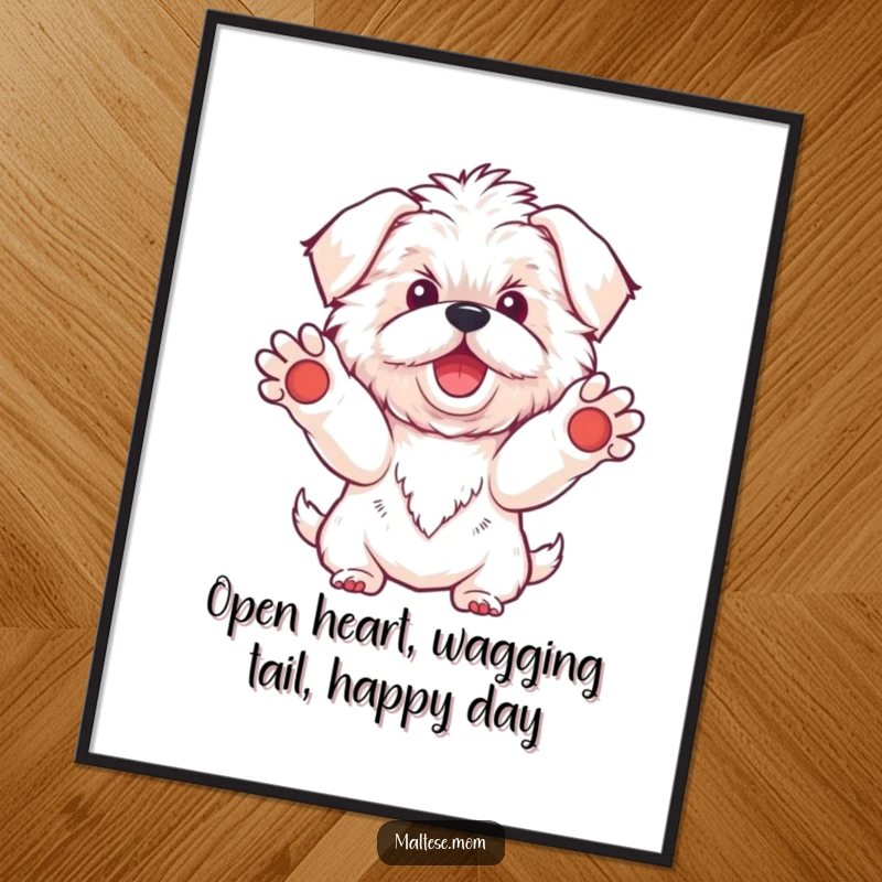 Funny Free Printable Wall Art showcasing a Kawaii Maltese dog with paws outstretched, offering a friendly and warm welcome.