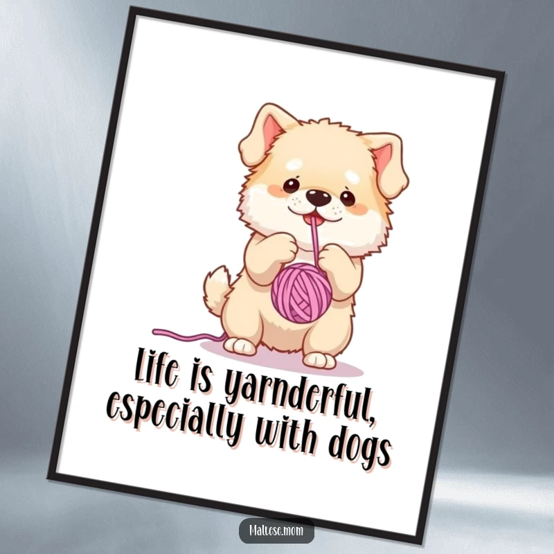 Funny Free Printable Wall Art: A fluffy dog character hilariously tangled and batting at a dangling yarn ball.