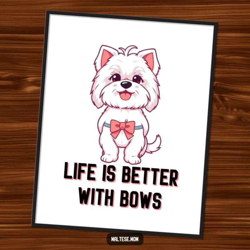 Funny Free Printable Wall Art: Maltese dog wearing a bow, panting happily, adding a touch of humor to any room.