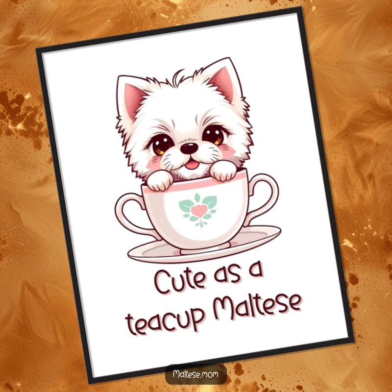 Funny free printable wall art: A shy Maltese dog peeks playfully from behind a miniature teacup, offering a sweet, bashful smile.