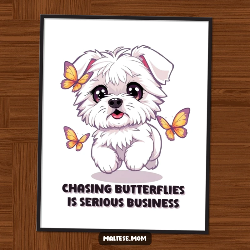 Funny Free Printable Wall Art: Kawaii Maltese dog with wide, sparkling eyes joyfully chasing a shimmering butterfly.