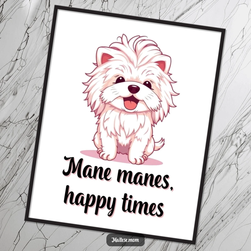 Funny free printable wall art: A fluffy Maltese dog with a magnificent mane, shaking its head with pure, unadulterated joy.