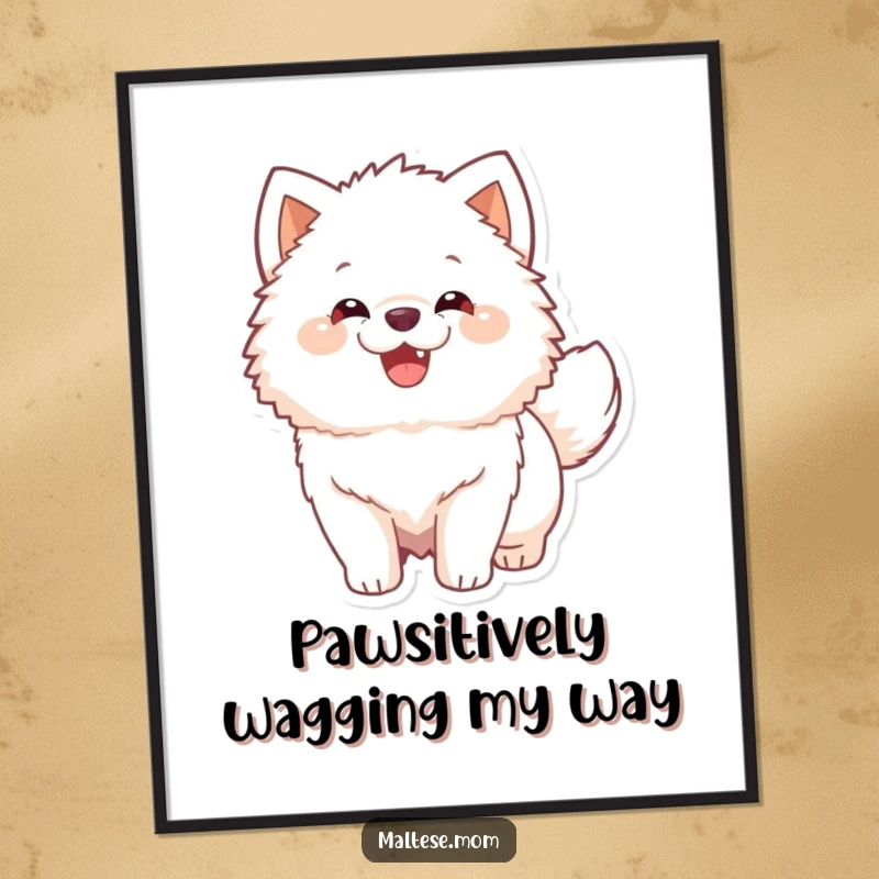 Funny Free Printable Wall Art: A fluffy white dog with a happy expression, enthusiastically wagging its tail.