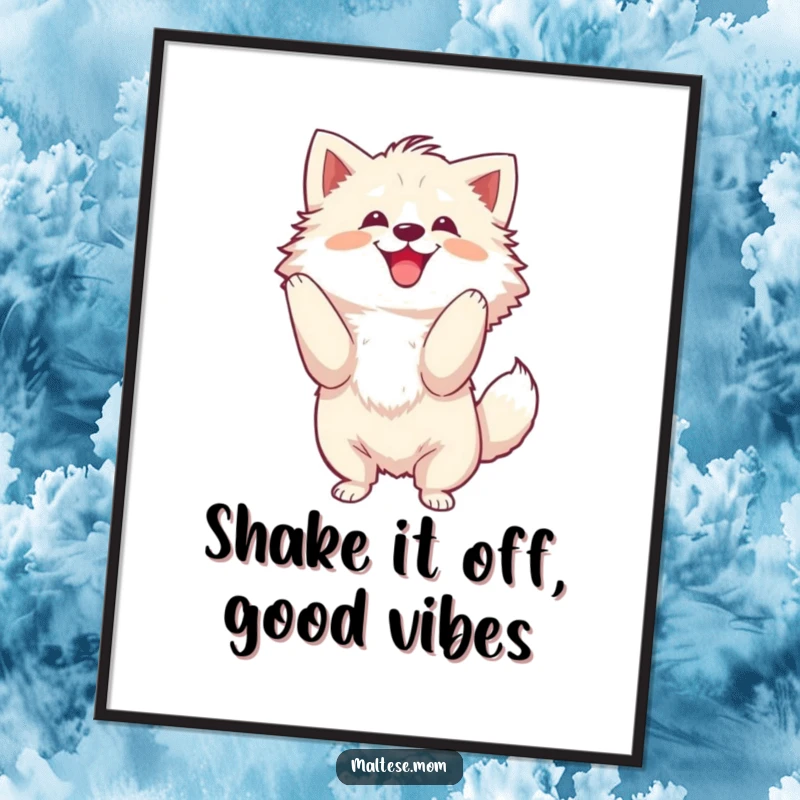 Funny Free Printable Wall Art: A dog shaking its fluffy head with a joyful, energetic motion.