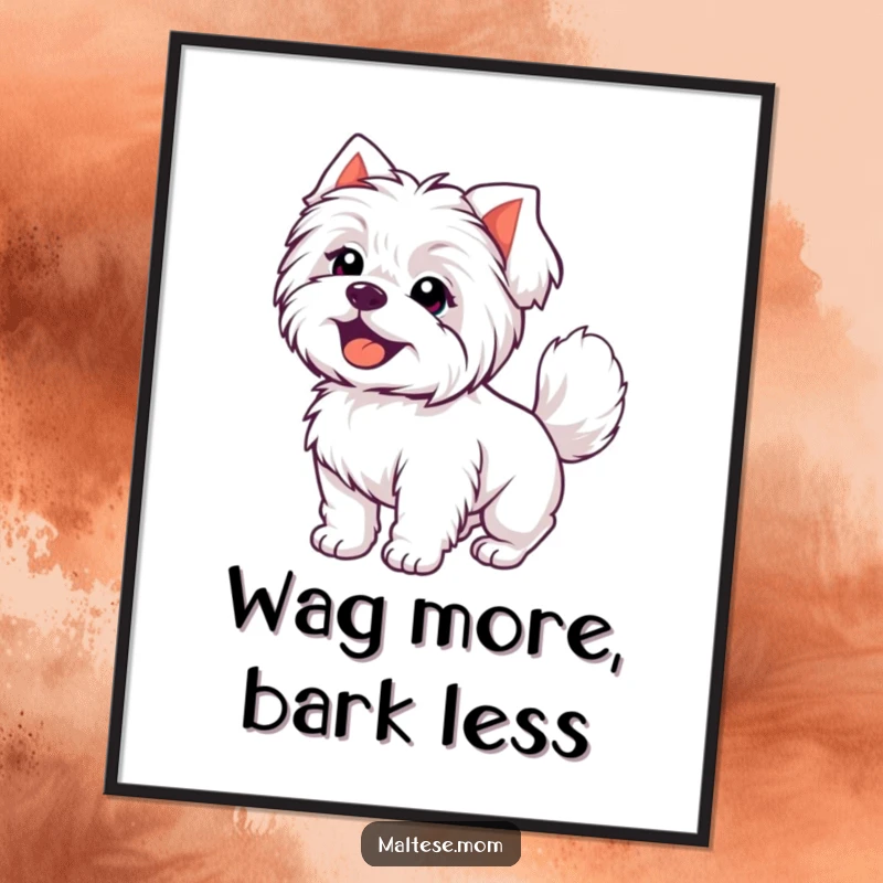 Funny Free Printable Wall Art: Kawaii Maltese dog with a joyful expression and its fluffy tail wagging.